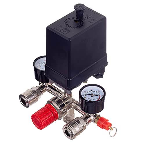 Tryckregulator 400 V med tryckvakt med 2 mätindikatorer från 0 till 12 bar, utvändig gänga 1/2" (~21 mm), tryckvakt för 400V kompressor, tryckluftskompressor, automatisk avstängning, TYP PL-400