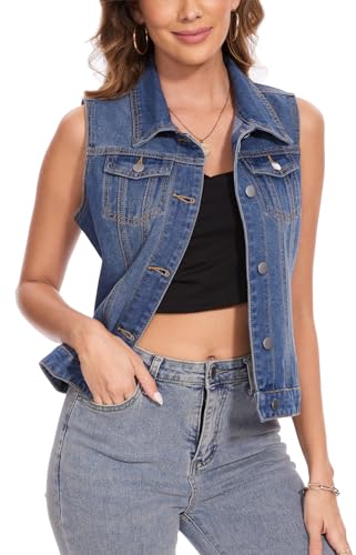 MISS MOLY Women's Denim Vest Cropped Classic Sleeveless Jean Vest Jackets With Flap Pockets4