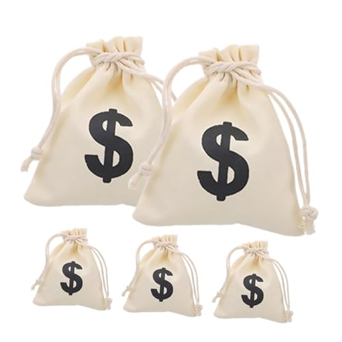 DECORNIJIA 5pcs Drawstring Money Bags for Party Favors Canvas Cloth with Money Sign Beige Cotton Pouch for Cosplay Costume Halloween and Card Theme Decorations