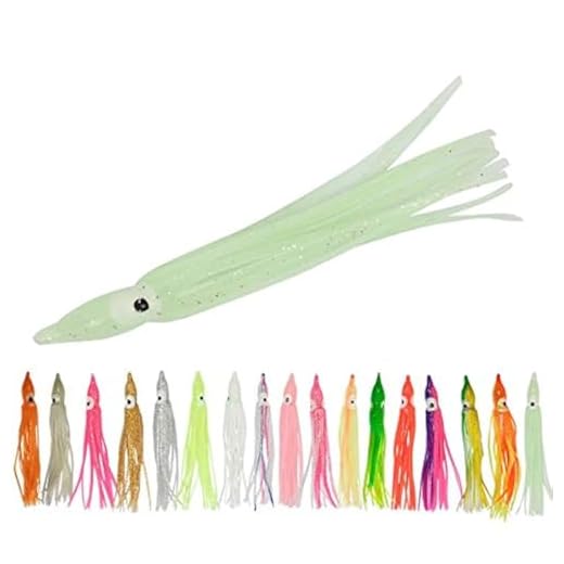Pack of 50pcs Glow Soft Plastic Octopus Squid Skirt Fishing Lures Hoochies Trolling Saltwater Soft Fishing Lures Set for Bass Salmon Trout 5cm 10cm 12cm 15cm 10 Colors Included