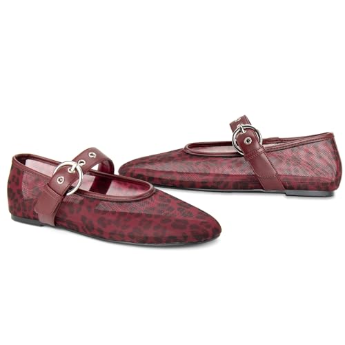 Image of Gothictor Women's Mesh Ballet Flats Round Toe Leopard Mary Jane Shoes Women | Cushioned Comfort, Easy to Style, Buckle Strap, Cheetah Print, Ballerina, Breathable, Wide Width, Non-Slip, Dressy Casual