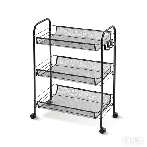 Minicoco Kitchen Storage Carts Rolling Cart Metal Kitchen Trolley On Wheels Kitchen Trolley Utility Cart for Kitchen Laundry Bathroom Easy Assemble (Black)