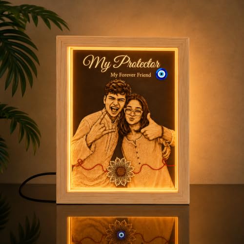 Image of Personalized Raksha Bandhan Acrylic LED Lamp with Custom Photo (Design 8) | Night Light, Brother Sister, Free Rakhi Included, Custom Photo