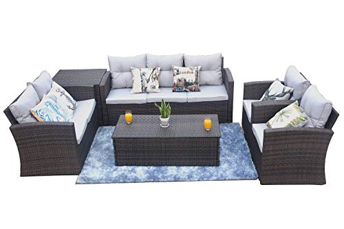 Direct Wicker 6 Pieces Steel Frame Wicker Sectional Sofa Set with Storage Box Grey Cushion (Brown) - Thumbnail 5