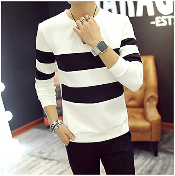 XIULAIQ Spring Autumn Men Printed Long-Sleeved T-Shirt Teen Round Neck Stripe Bottom Top Fashion Casual Men's Clothing (Color : B, Size : M Code)
