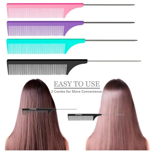 Generic 8pcs Rat Tail Combs Set,Long Steel Pin Teasing Combs for Salon Hair Stylists,2 styles and multiple colorsb of Metal Parting Combs for Women,Hair Teasing Fine Tooth Comb Aigee