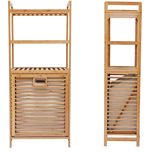 Bamboo Laundry Hamper With Rack,Laundry Basket With 3 Shelves,Laundry Hamper Cabinet Organizer,Wooden Laundry Sorter,Bathroom Storage Shelf Cabinet With Tilt Out Basket Clothes Bag For Laundry Room #TOP2