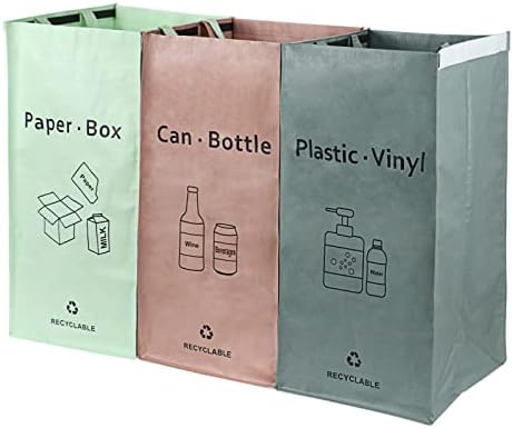 3 Packs Recycling Bags Pink,Green,Gray with handle Separate Sorting Organizer Woven waste Bins bag 42 Gallon Waterproof for Kitchen Home Office Heavy Duty Reusable Storage,Easy clean,Bomei Pack