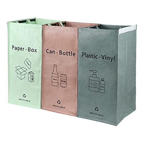 BOMEI PACK 3 Packs Recycling Bags Pink Green Gray with handle Separate Sorting Organizer Woven waste Bins bag 42 Gallon Waterproof for Kitchen Home Office Heavy Duty Reusable Storage Easy clean