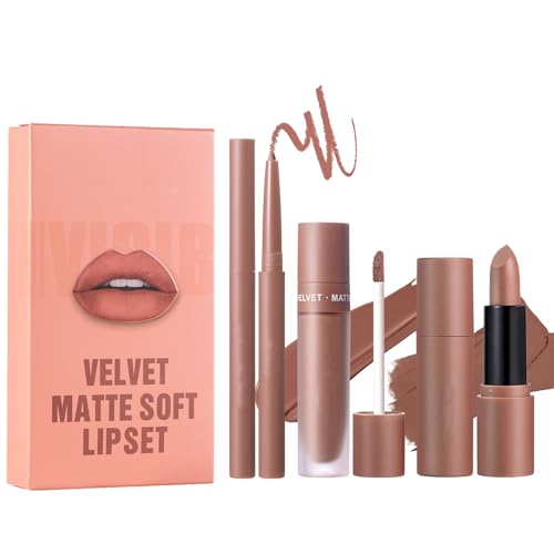 Image of Matte Lipstick Set - 3PCS Nude Brown Long Lasting Lipliner Pencil - All-IN-One Lip Filler Lip Liner Set - High Pigmented Velvet Lipgloss Makeup Set for Women Girls,Liquid Lip Stick for Daily Makeup