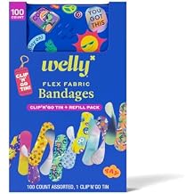 Welly Bandage Clip N Go Tin & Refill Pack | Adhesive Flexible Fabric Bandages and Tin | Assorted Shapes and Patterns for Minor Cuts, Scrapes, and Wounds - 100 Count
