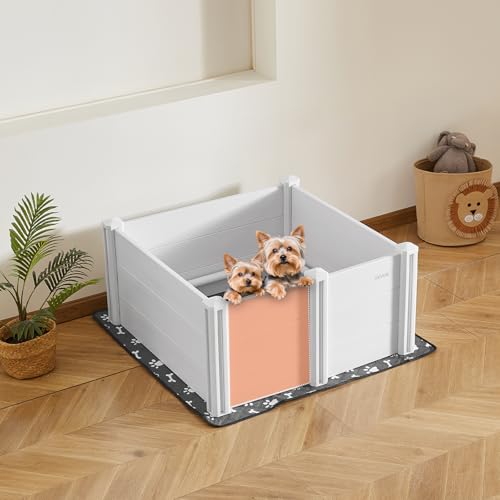 VEVOR Wurfkiste für Hunde, 98x98x46cm, Welpenlaufstall aus Kunststoff-PVC mit höhenverstellbarer Tür & waschbarer PIPI-Unterlage, verformungssicherer Welpenkiste für mittelgroße Hunde, milchweiß