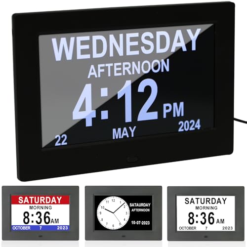 PCXWTLN Dementia Clock, 7" Large Digital Calendar Clock for Seniors, Dates and Time of Day Alarms Reminders for Elderly Vision Impaired, Memory Loss, Black