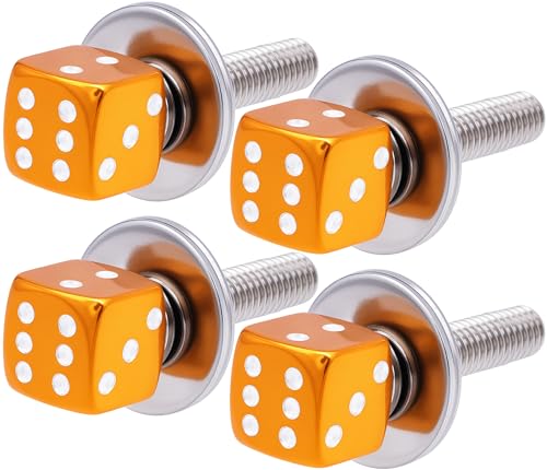 MEAJOO 4Pcs Gold Dice License Plate Frame Screws - Universal Fastener Kit for Car, Van, Pickup Truck, Motorcycle, Easy Install Stainless Steel Bolts with Aluminum Alloy Decorative Caps