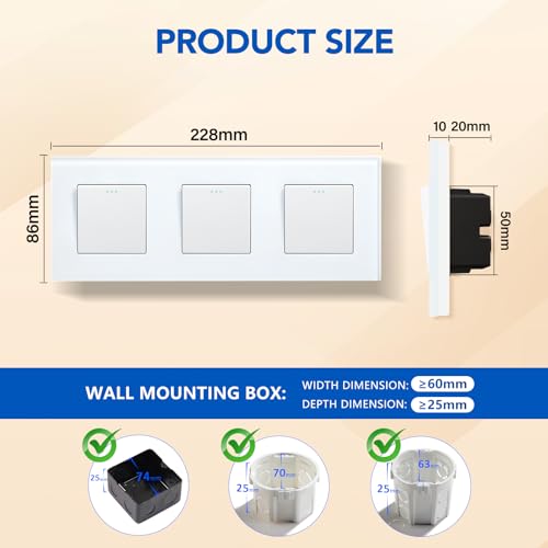 BSEED Lichtschalter Unterputz Schalter Physische Taste Schalter Tripel 1 Fach 1 Weg Glas Lichtschalter 10A Wandschalter Kristall Wei&szlig; Kippschalter