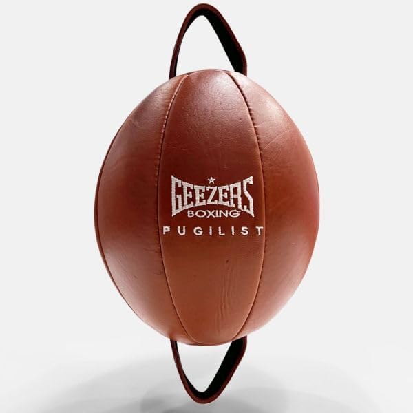Geezers Boxing Classic Pugilist Double End Bag, Premium Cowhide Leather Speed Ball, Boxing Speed Bag MMA Dodge Ball Punching Training Floor to Ceiling Rope Workout