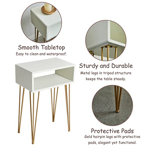 Cozayh Modern Contemporary Tall Nightstand, Extreme Minimalism End Table Open Shelf Style Bedside Table On Metal Hairpin Legs (White&Gold) #TOP1