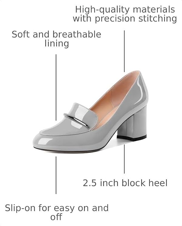 Eldof Women's Loafer Heels Round Toe Slip On Chunky Block Heel Pumps for Women Dress Shoes 2.5 Inches Patent Grey US Size 7 by Eldof - Used condition - Image 3