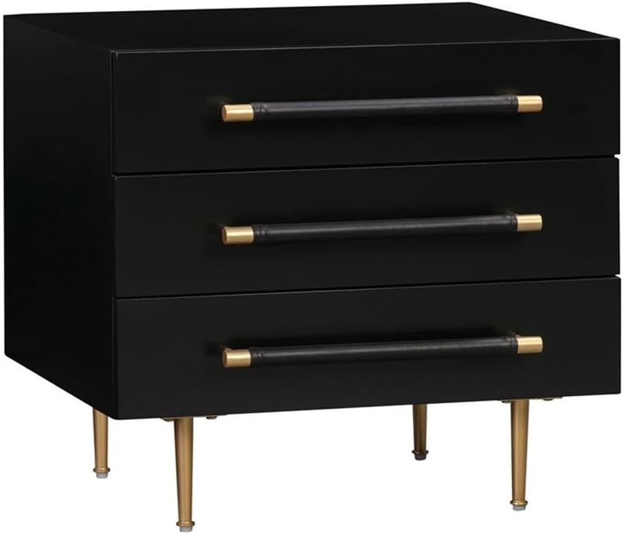 MAKLAINE Modern Contemporary Nightstand, 28" W x 19" D x 22" H, Acacia Wood, Black Finish, 3 Soft-Close Drawers, Vegan Leather Handles, Brass Accents, Ample Storage, Elegant Bedroom Furniture