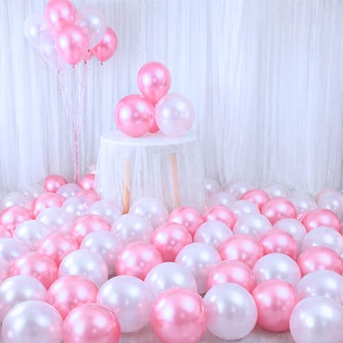 Image of 50 Pcs Pink White Metallic Chrome Balloons for Birthday Decoration Items Anniversary Baby Shower Adults men women Year With Latex Transparent Metallic Balloon Happy Birthday Decorations Set Kit Combo