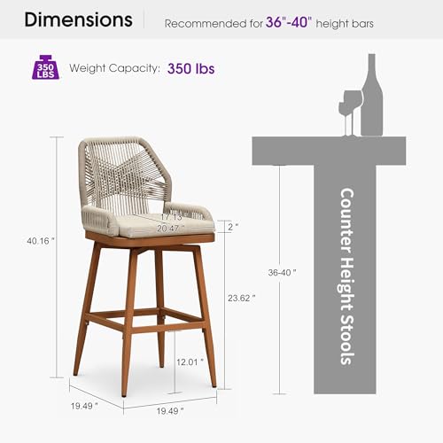 Image of PURPLE LEAF Swivel Counter Height Bar Stools Set of 2, Cushion, Deep Teak | 360 Rotating, All-weather Wicker, Heavy Duty Aluminum, Removable Cushion, Ergonomic Backrest, Indoor Outdoor, Easy Clean