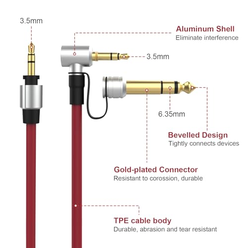 Toxaoii Wymienny pomocniczy kabel audio 3,5 mm do 3,5 mm, 6,5 mm, kompatybilny z Monster Beats by Dr Dre Solo Studio Pro Detox Edition do słuchawek (czerwony, 1,8 – 3 m)