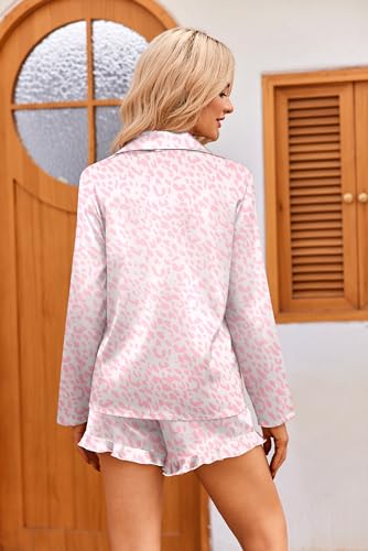 Image of Ekouaer Womens Satin Pajama Sets Long Sleeve Top and Shorts Lounge Set Button Down Sleepwear