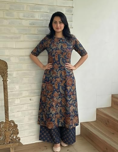 Image of ANNI Designer Women's Rayon Viscose Straight Printed Kurta with Palazzo | Elbow Length Sleeve Kurti Set | Close Neck with Back Slit | Soft Comfortable Fabric | 2 Piece Outfit