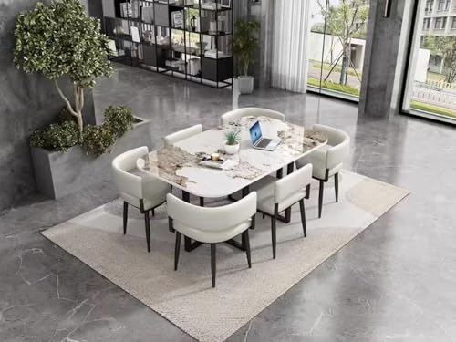 Emirates Living Modern 6 Seater Ceramic Dining Table Set – White Rock Top Rectangular Table with 6 Padded Chairs for Kitchen, Dining Room, Apartment & Office