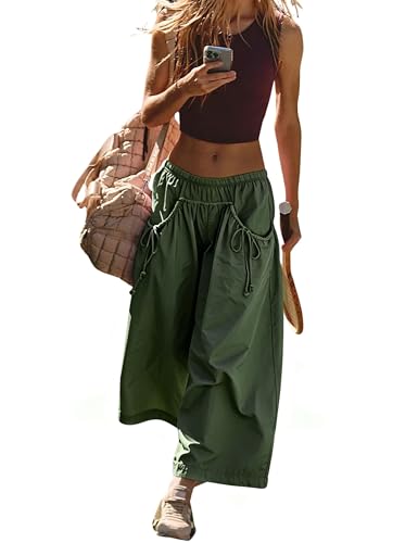 Hooever Women's Loose Wide Leg Track Pants Drawstring Pockets Elastic Waist Capri Hiking Pants(ArmyGreen-M)