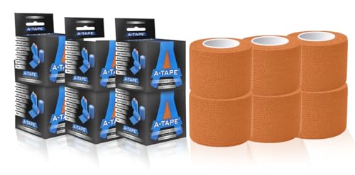 Image of A-Tape Breathable Self Adhesive Cohesive Bandage Wrap - Athletic Non-Woven for Sports, Medical Use, Injuries, Knee & Wrist Support - Suitable for Humans & Pets (Orange, 5cm Pack Of 6)