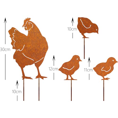 JYUECIAN Hühner Gartenstecker 4er Ostern Rost Deko Gartendeko für Draußen, Edelrost Metall Huhn Küken Roststecker Bauernhof Frühling Deko
