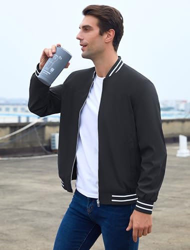 MAGCOMSEN Mens Lightweight Jacket Casual Bomber Jacket Full Zip Windbreaker Light Autumn Jackets Black S