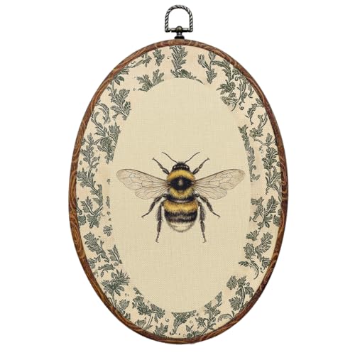 Vintage Bee Oval Framed Wall Art, Cottagecore Floral Canvas Art Wall Decor，Rustic Garden Botanical Bathroom Hanging Decor Painting Artwork for Home Bedroom Living Room Office Bedroom 8.3x12inch by SAPEYKR - Used condition - US$11.09