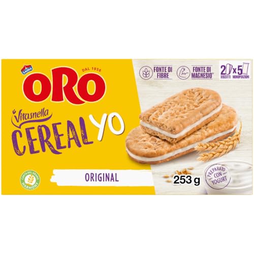 Oro Vitasnella, Cereal Yo Original, Biscotti con Ripieno Morbido di Yogurt Bianco, Fonte di Fibre e Magnesio, 253g (contiene 5 monoporzioni da 50,6g)