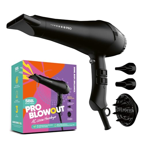SBB Pro Blowout Secador de Cabello, Potente de 2200W AC - Secador Ligero, Secado Rápido, 4 Niveles de Calor, 2 Velocidades, 3 accesorios y Golpe de Aire Frío para un Peinado sin Frizz