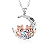 DISEÑO ÚNICO: Dos lindos zorros sostienen un corazón y se sientan en la media luna. La luna grabó "Te Amo". Este collar es un regalo maravilloso para quien ama.