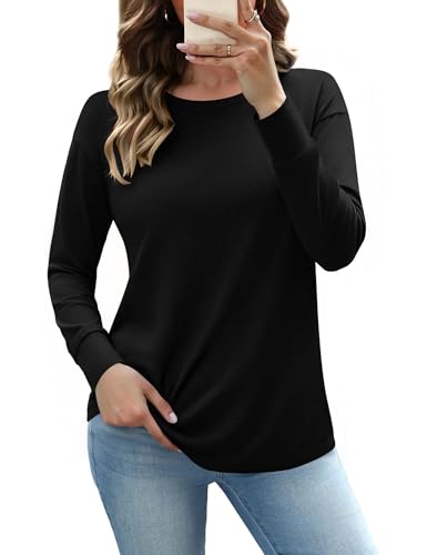 Totatuit Túnica Mujer Elegante Cuello Redondo Manga Larga Top Chic Algodón Extensible Ideal Oficina y Ocio Negro，L