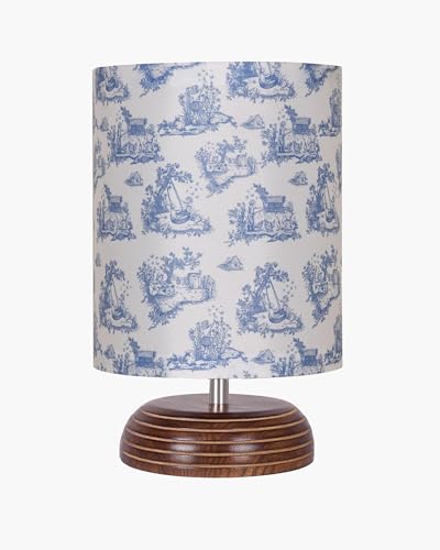 Image of Homesake Wooden Base Table Lamp with Fabric Drum Shade Aara | Warm Ambient Bedside Lamp for Bedroom, Living Room, Study, Office, Modern Classic Night Lamp Home Decor, (KD Toilet de jouy)