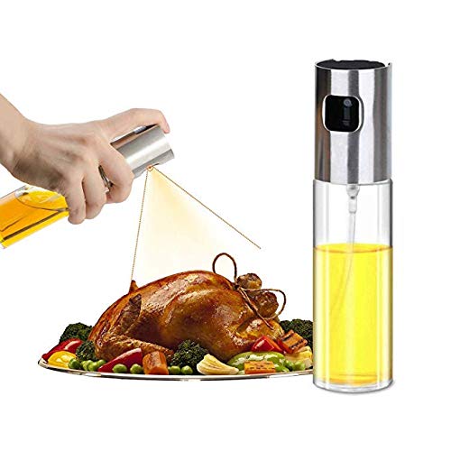 IOQSOF Olive Sprayer, Transparent Food-Grade Glass Oil Portable Spray Bottle for Kitchen Cooking & BBQ, Silver