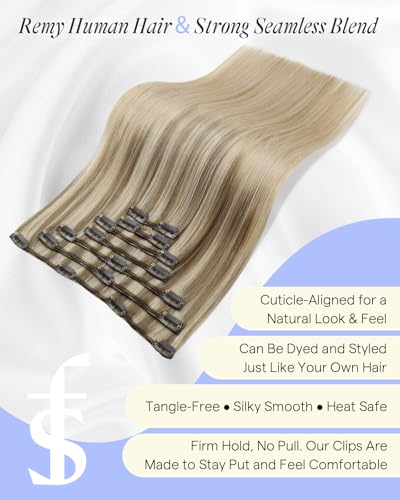 Image of Full Shine Highlight Clip in Hair Extensions Human Hair, 18 Inch 135g 7Pcs | Caramel Latte Rooted Blonde Remy Hair Extensions Clip ins, Seamless Weft for Natural Volume, Daily Styling