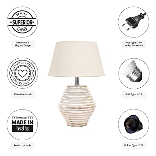 Image of PineCraft International Atury Table Lamp with Shade Night Lamp for Living Room, Study Room, Bedroom & Home Decor Gift Item 14 inch Height Wooden Study Lamp with Off White Shade