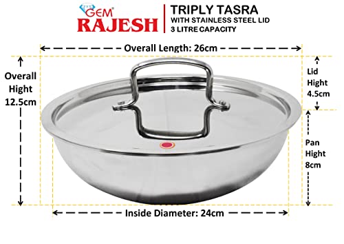 Image of Triply Stainless Steel Kadai, Kadhai with Lid and Handle - Induction and Oven Compatible Deep Fry Pan (3 litres (Tasla 24cm))