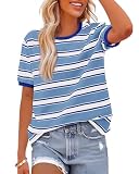BTFBM Summer Tops for Women 2026 Crewneck Short Sleeve Striped T Shirts Casual Spring Clothes Color Block Basic Tee Blouses(Blue White, Large)