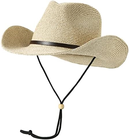 Lanzom Women Men Summer Western Straw Cowboy Cowgirl Hat Shapeable Wide Brim Staw Beach Sun Hat (Medium, Print Beige)