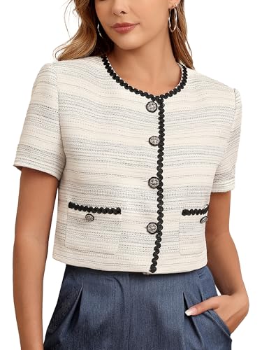 M.Infisavo 2026 Women's Cropped Tweed Blazer Short Sleeve Elegant Round Neck Open Front Cardigan Business Casual Tweed Jacket White L