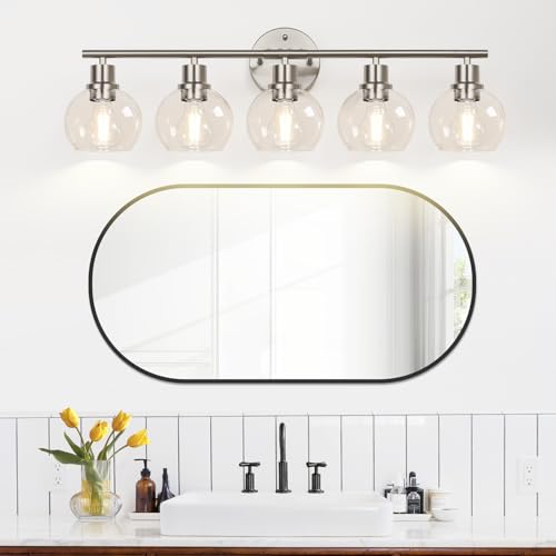 Image of Indoi 5-Light Bathroom Light Fixtures, Brushed Nickel Vanity Light with Clear Glass Globe Shades, Modern Bathroom Wall Sconce Lighting for Mirror, Kitchen, Hallway, Bedroom
