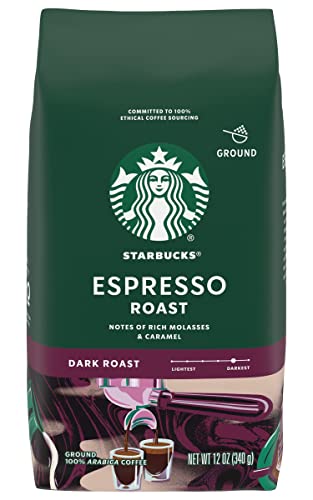 Image of Starbucks Ground Coffee, Espresso Roast, Dark Roast Coffee with Notes of Rich Molasses & Caramel, Ground 100% Arabica Coffee, 12-Ounce Bag (Pack of 3)