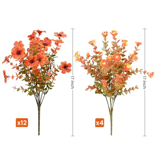 Artificial Fall Flowers Faux mums for Outdoor Indoor Garden Home Decoration, Faux Flower Daisy with Eucalyptus Leaves Fake Mums Plants Greenery Boxwood Porch Patio, 16 Bundles (Artificial Mums)
