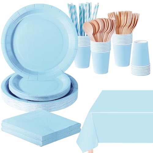 PYAILI Anniversaire Vaisselle de fete 169 Pièces Bleu Morandi Party Assiettes en Papier Set Assiettes de Fête Papier Tasses Serviettesr, pour Barbecue les Fêtes les Pique-niques -24 Invités